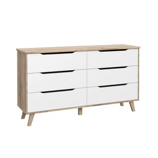 Commode 6 Tiroirs Décor Chêne Et Blanc Pieds Bois Massif - Albane