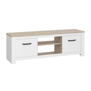 Meuble TV 2 Portes Blanc Mat Décor Bois Clair Poignées Noires - Leane