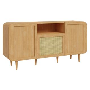 Buffet L. 160 Cm Décor Chêne Cannage Rotin Et Pieds En Bois - Vivian