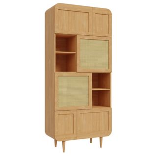 Vaisselier H. 212 Cm Décor Chêne Cannage Rotin Pieds En Bois - Vivian