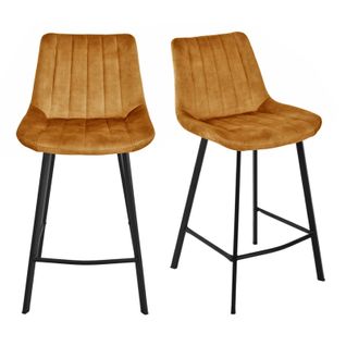 Lot 2 Chaises De Bar Capitonnées Velours Jaune Et Pieds Métal - Nany
