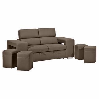 Canapé 3 Places Convertible Tissu Taupe Et Têtières Réglables - Vegas