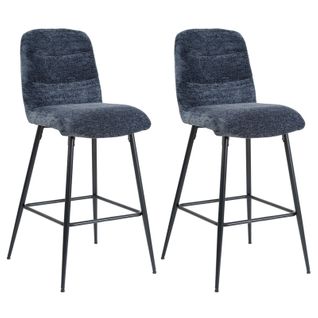 Lot 2 Tabourets De Bar Rembourré Tissu Doux Bleu Pied Métal - Julie