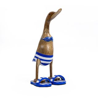 Statuette Décorative 40 Cm Canard Bleu Blanc Rayé En Teck – Dafly