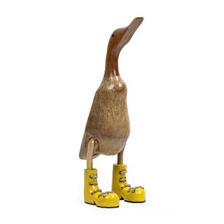 Statuette Décorative H. 40 Cm Canard Bottes Jaunes En Bois De Teck – Dafly