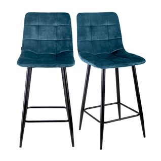Lot 2 Tabourets De Bar En Velours Bleu Pieds Métal Noir – Nami 2
