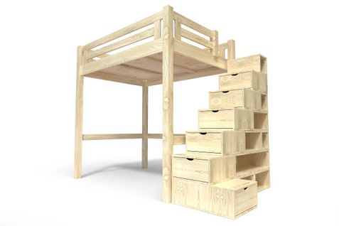 Lit Mezzanine Alpage Bois + Escalier Cube Hauteur Réglable, Couleur: Vernis Naturel, 120x200