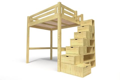 Lit Mezzanine Adulte Bois 120x200 Alpage Hauteur Réglable + Escalier Cube