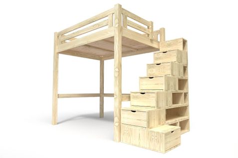 Lit Mezzanine Adulte Bois 140x200 Alpage Hauteur Réglable + Escalier Cube