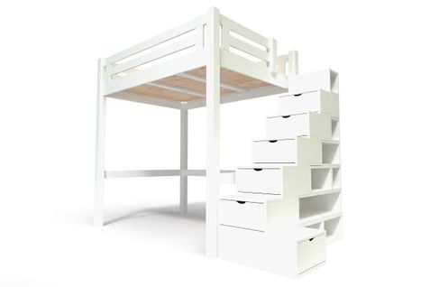 Lit Mezzanine Adulte Bois 160x200 Alpage Hauteur Réglable + Escalier Cube
