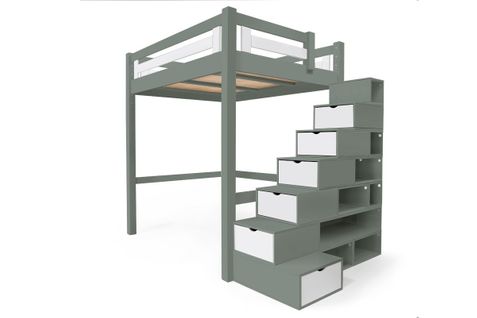 Lit Mezzanine Adulte Bois 120x200 Alpage Hauteur Réglable + Escalier Cube