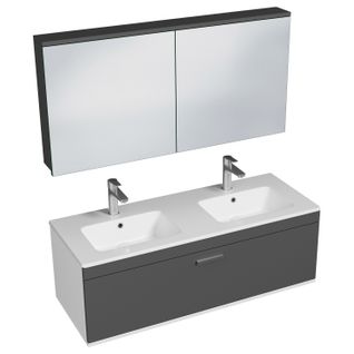 Meuble Double Vasque Encastrée 120 Cm +miroir Armoire 1 Tiroir Gris Anthracite Salle De Bain Rubite