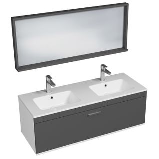 Meuble Double Vasque Encastrée 120 Cm + Miroir Cadre 1 Tiroir Gris Anthracite Salle De Bain Rubite