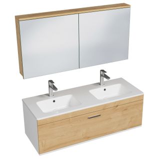 Meuble Double Vasque Encastrée 120 Cm + Miroir Armoire 1 Tiroir Chêne Clair Salle De Bain - Rubite