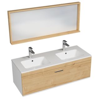 Meuble Double Vasque Encastrée 120 Cm + Miroir Cadre 1 Tiroir Chêne Clair Salle De Bain - Rubite