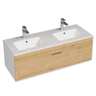 Meuble Double Vasque Encastrée 120 Cm 1 Tiroir Chêne Clair Salle De Bain - Rubite