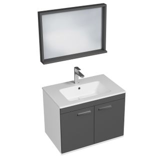 Meuble 1 Vasque Encastrée 70 Cm + Miroir Cadre 2 Portes Gris Anthracite Salle De Bain - Rubite