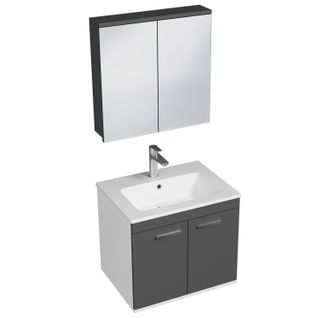 Meuble 1 Vasque Encastrée 60 Cm + Miroir Armoire 2 Portes Gris Anthracite Salle De Bain - Rubite