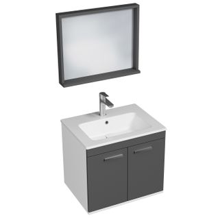 Meuble 1 Vasque Encastrée 60 Cm + Miroir Cadre 2 Portes Gris Anthracite Salle De Bain - Rubite