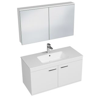 Meuble 1 Vasque Encastrée 100 Cm + Miroir Armoire 2 Portes Blanc Salle De Bain - Rubite