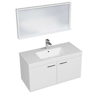 Meuble 1 Vasque Encastrée 100 Cm + Miroir Cadre 2 Portes Blanc Salle De Bain - Rubite