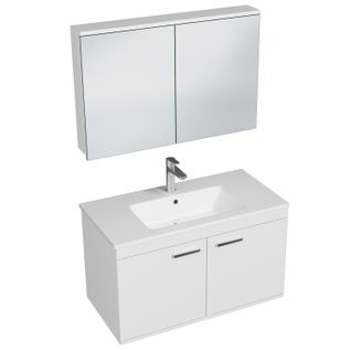 Meuble 1 Vasque Encastrée 90 Cm + Miroir Armoire 2 Portes Blanc Salle De Bain - Rubite