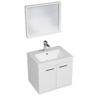 Meuble 1 Vasque Encastrée 60 Cm + Miroir Cadre 2 Portes Blanc Salle De Bain - Rubite