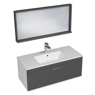 Meuble 1 Vasque Encastrée 100 Cm + Miroir Cadre 1 Tiroir Gris Anthracite Salle De Bain - Rubite