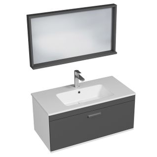 Meuble 1 Vasque Encastrée 90 Cm + Miroir Cadre 1 Tiroir Gris Anthracite Salle De Bain - Rubite