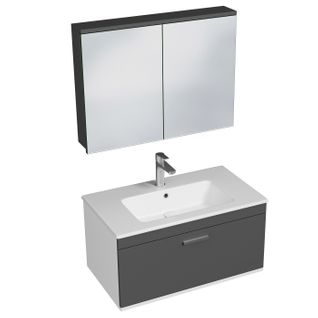 Meuble 1 Vasque Encastrée 80 Cm + Miroir Armoire 1 Tiroir Gris Anthracite Salle De Bain - Rubite