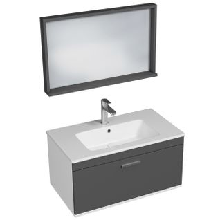 Meuble 1 Vasque Encastrée 80 Cm + Miroir Cadre 1 Tiroir Gris Anthracite Salle De Bain - Rubite