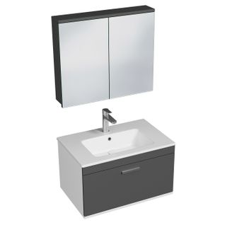 Meuble 1 Vasque Encastrée 70 Cm + Miroir Armoire 1 Tiroir Gris Anthracite Salle De Bain - Rubite
