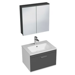 Meuble 1 Vasque Encastrée 60 Cm + Miroir Armoire 1 Tiroir Gris Anthracite Salle De Bain - Rubite