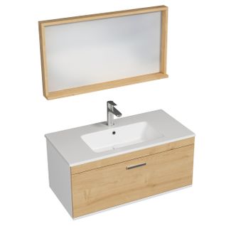 Meuble 1 Vasque Encastrée 90 Cm + Miroir Cadre 1 Tiroir Chêne Clair Salle De Bain - Rubite