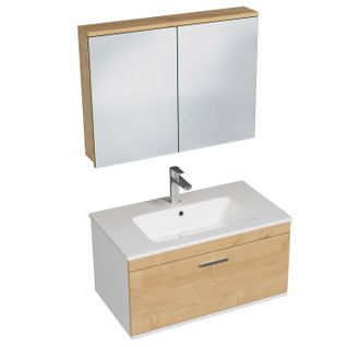 Meuble 1 Vasque Encastrée 80 Cm + Miroir Armoire 1 Tiroir Chêne Clair Salle De Bain - Rubite