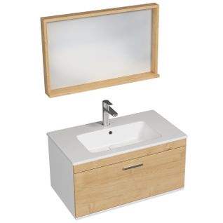 Meuble 1 Vasque Encastrée 80 Cm + Miroir Cadre 1 Tiroir Chêne Clair Salle De Bain - Rubite