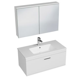 Meuble 1 Vasque Encastrée 90 Cm + Miroir Armoire 1 Tiroir Blanc Salle De Bain - Rubite