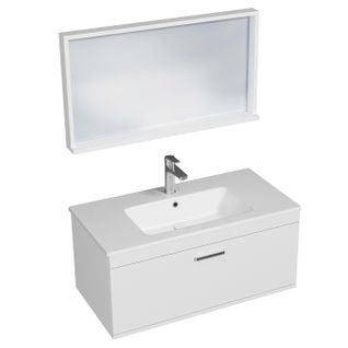 Meuble 1 Vasque Encastrée 90 Cm + Miroir Cadre 1 Tiroir Blanc Salle De Bain - Rubite