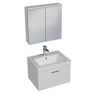 Meuble 1 Vasque Encastrée 60 Cm + Miroir Armoire 1 Tiroir Blanc Salle De Bain - Rubite