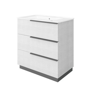 Meuble Vasque 80 Cm Encastrée Chêne Blanc Sur Pied 3 Tiroirs Oikos