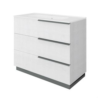 Meuble Vasque 100 Cm Encastrée Chêne Blanc Sur Pied 3 Tiroirs Oikos