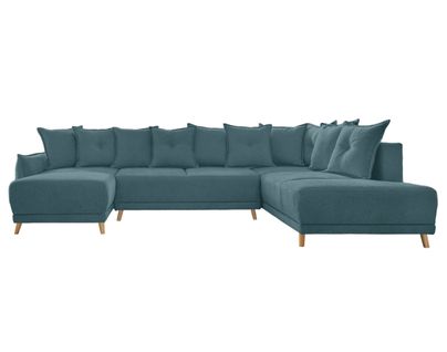 Lena - Canapé D'angle Panoramique Convertible - Avec Coffre - 7 Places - Droit Bleu Turquoise