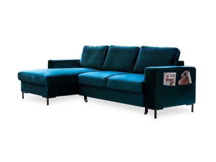Canapé Angle Gauche Convertible 4 Places Lilly En Velours Bleu Canard