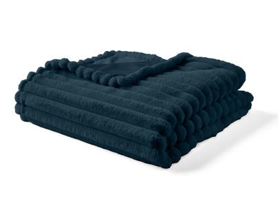 Arezzo - Plaid - 200x140 Cm - En Fausse Fourrure Côtelé Et Velours Bleu Ardoise