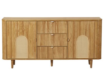 Milazzo - Buffet Bas - Bois Plaqué Chêne Et Cannage - 3 Tiroirs Et 2 Portes - 160 Cm