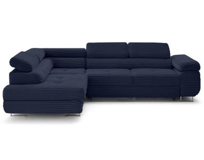 Canapé Angle Gauche Convertible 5 Places Zaria En Velours Grosses Côtes Bleu