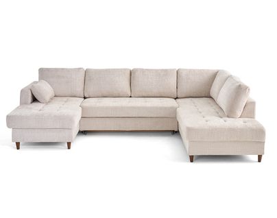 Anna - Canapé Panoramique D'angle Droit 7 Places Convertible Avec Coffre En Velours Texturé Beige