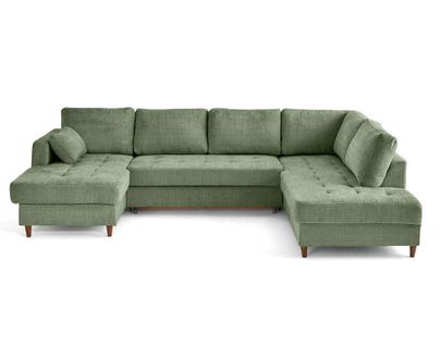 Canapé Panoramique Convertible 7 Places Anna En Velours Texturé Vert Sauge