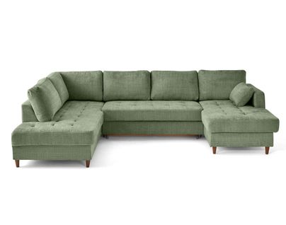 Canapé Panoramique Convertible 7 Places Anna En Velours Texturé Vert Sauge
