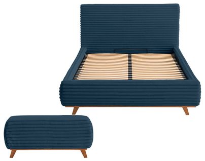 Cristal - Lit Coffre Avec Bout De Lit - 160x200 - Sommier Inclus - Fausse Fourrure Côtelée Bleu